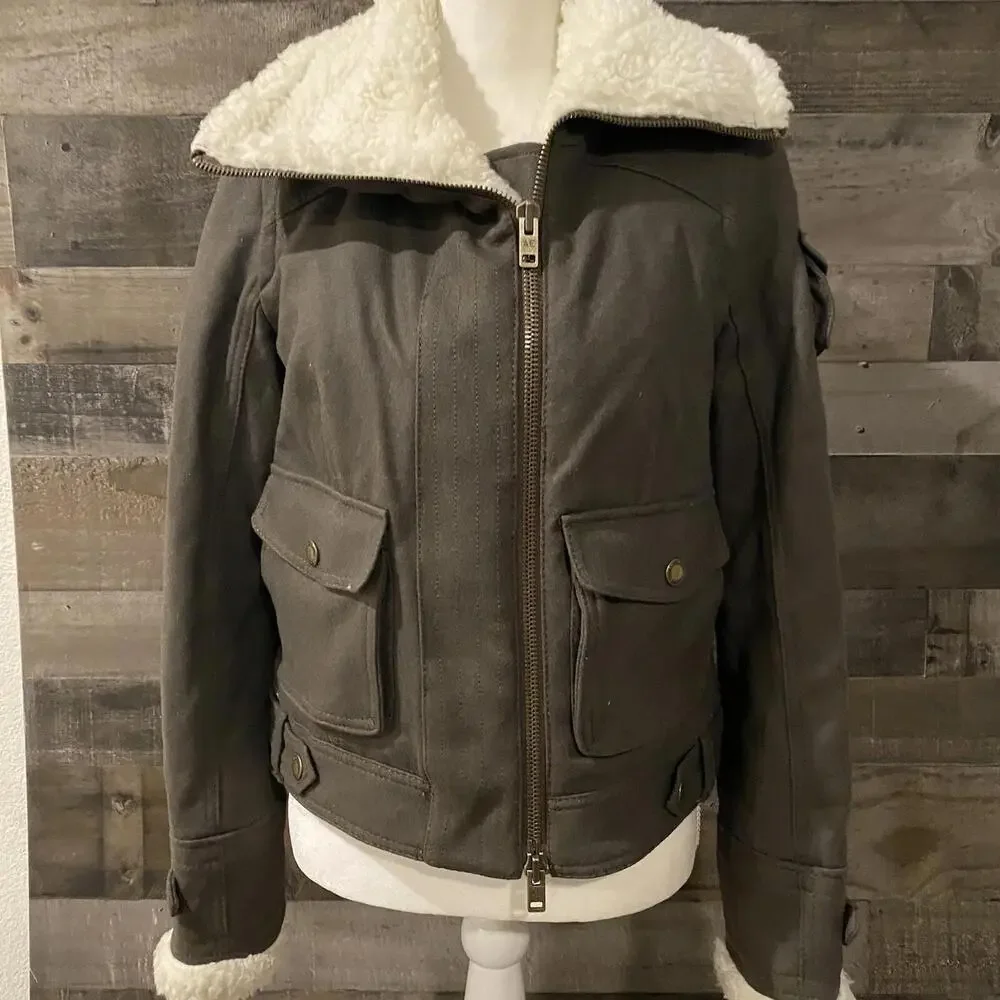American Eagle Women’s Olive Moto Jacket W/Faux Fleece Trim Size Medium Vintage